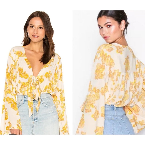 Intimately Free People M Floral Fortie Feel Bodysuit Tie Front Bell Sleeve Boho - Picture 1 of 12